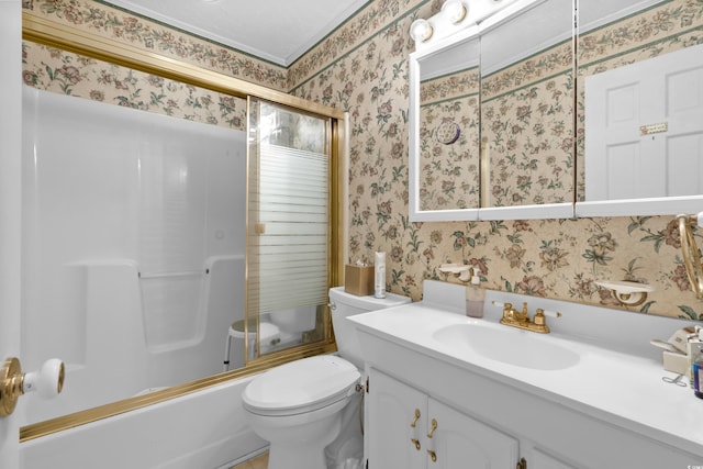 719 Juniper Dr, Myrtle Beach, SC 29575 - bathroom with wallpapered walls, toilet, vanity, and shower / bath combination with glass door