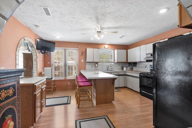 719 Juniper Dr, Myrtle Beach, SC 29575 - kitchen with black appliances, under cabinet range hood, a peninsula, light countertops, and a ceiling fan