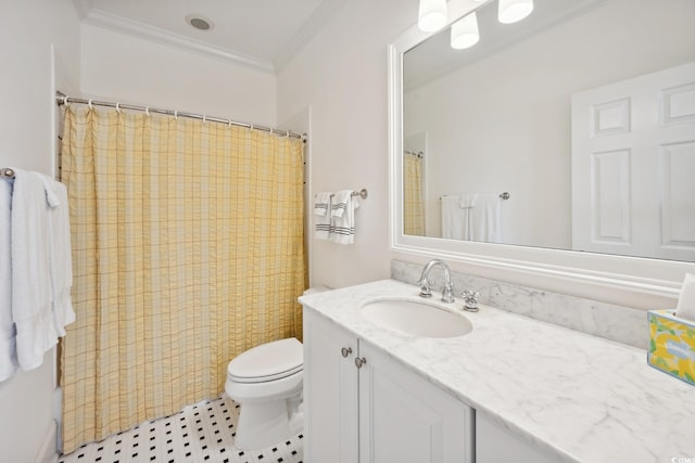 full bathroom with toilet, ornamental molding, vanity, and a shower with shower curtain