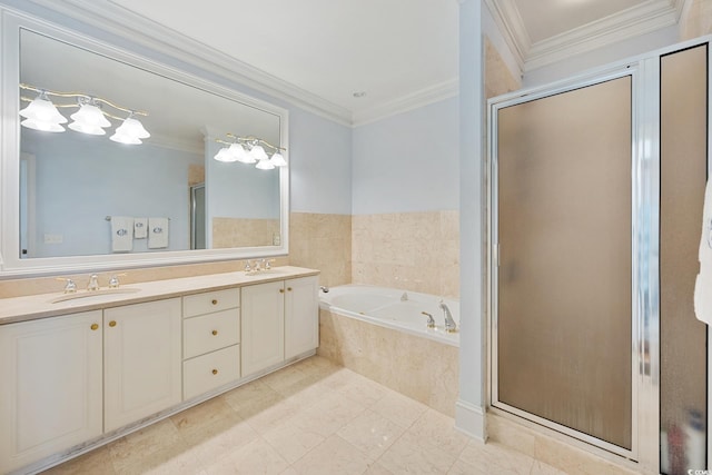 bathroom with a garden tub, a stall shower, double vanity, crown molding, and tile patterned floors