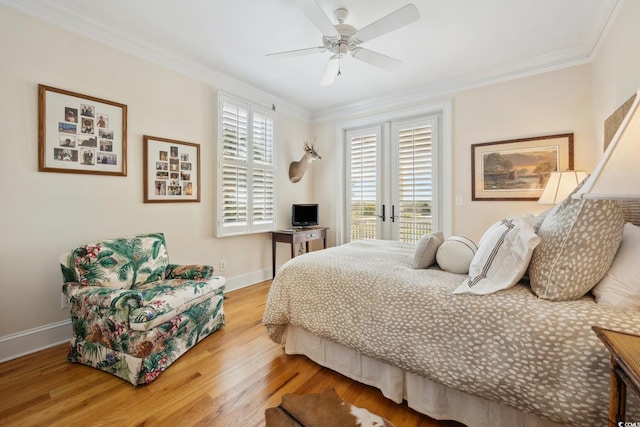 bedroom with access to exterior, baseboards, wood finished floors, crown molding, and ceiling fan