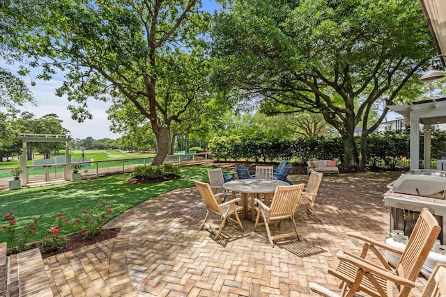 view of patio / terrace featuring outdoor dining space and grilling area