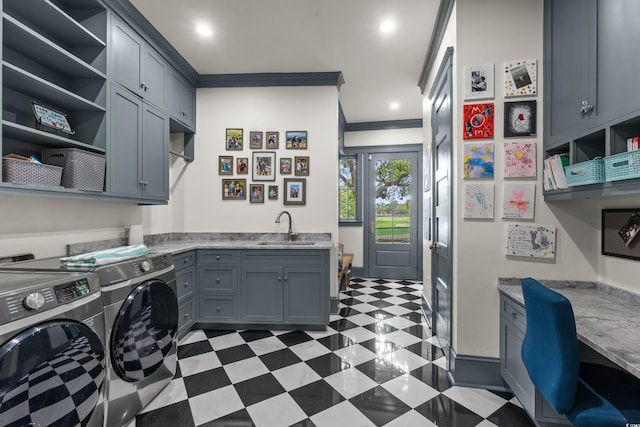 laundry room with washing machine and dryer, cabinet space, light floors, crown molding, and recessed lighting