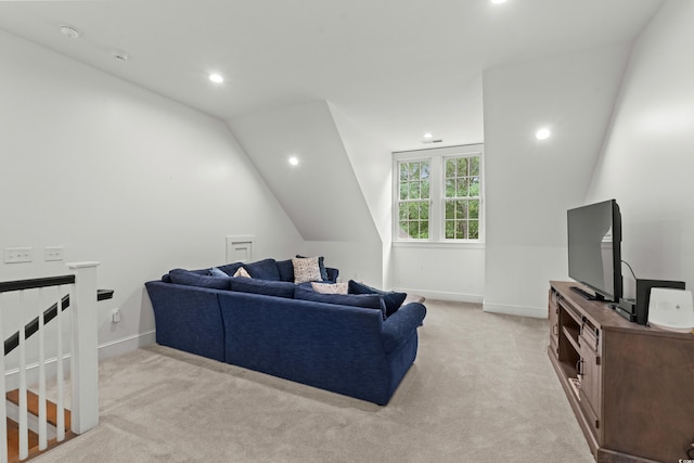 living room featuring light carpet, recessed lighting, lofted ceiling, and baseboards