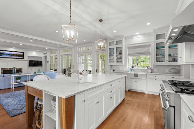 kitchen with a sink, ventilation hood, stainless steel range, a kitchen bar, and ornamental molding