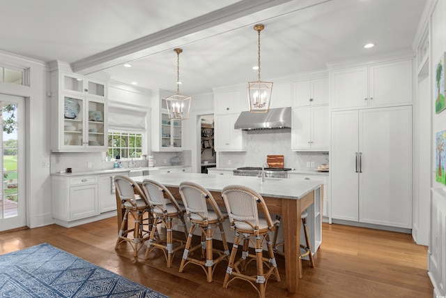 kitchen featuring under cabinet range hood, light countertops, an island with sink, decorative backsplash, and white cabinets