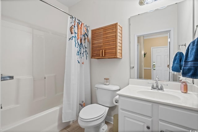 full bathroom with toilet, vanity, shower / tub combo, and tile patterned floors