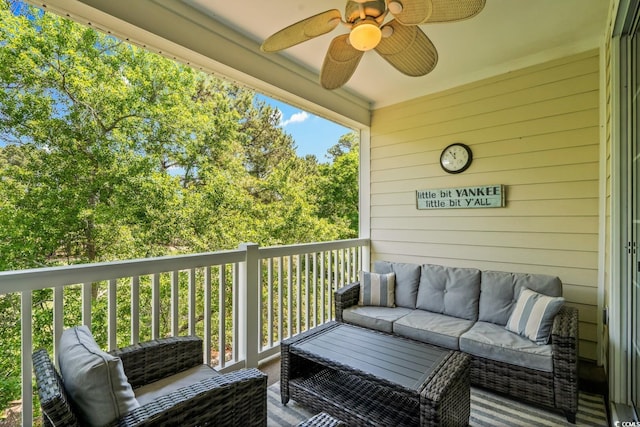 balcony with a ceiling fan and outdoor lounge area