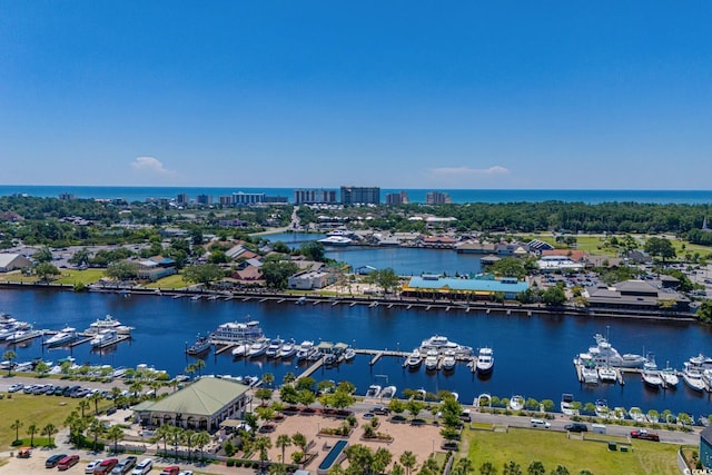 bird's eye view of a marina and a large body of water