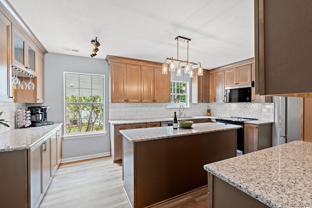480 Dandelion Ln, Myrtle Beach, SC 29579 - kitchen featuring stainless steel appliances, a sink, light wood finished floors, tasteful backsplash, and light stone counters