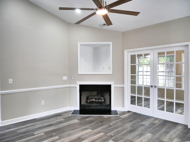 104 Jessica Lakes Dr, Conway, SC 29526 - unfurnished living room with ceiling fan, wood finished floors, french doors, a fireplace with flush hearth, and vaulted ceiling