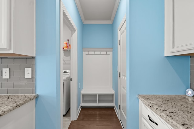 1808 Zodiac Ct, Myrtle Beach, SC 29577 - mudroom featuring ornamental molding, dark wood finished floors, and washer / dryer