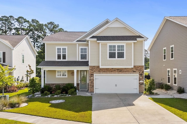 1808 Zodiac Ct, Myrtle Beach, SC 29577 - craftsman inspired home featuring stone siding, a garage, a front yard, concrete driveway, and central AC