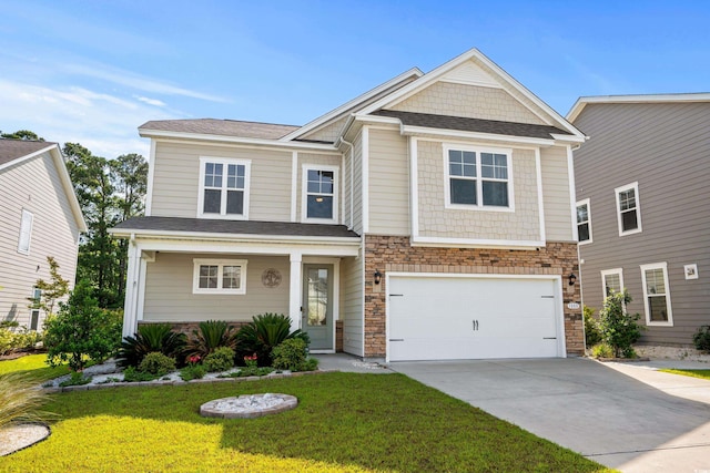 1808 Zodiac Ct, Myrtle Beach, SC 29577 - view of front of home featuring stone siding, a garage, concrete driveway, and a front lawn