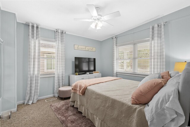 337 59th Ave N, North Myrtle Beach, SC 29582 - bedroom featuring carpet flooring, multiple windows, baseboards, ornamental molding, and a ceiling fan