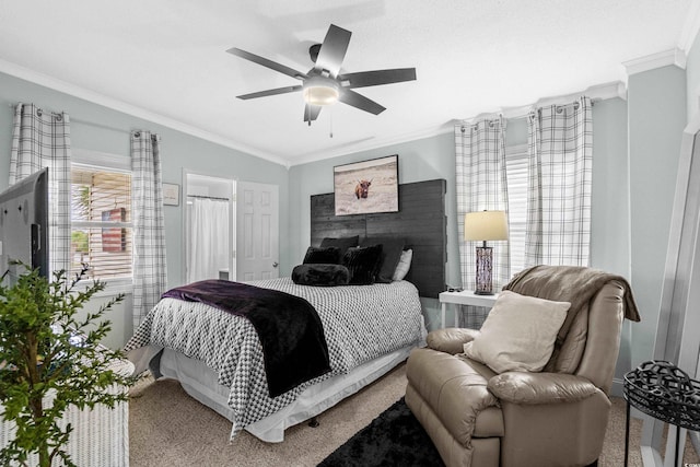 337 59th Ave N, North Myrtle Beach, SC 29582 - carpeted bedroom featuring crown molding, a ceiling fan, and a fireplace
