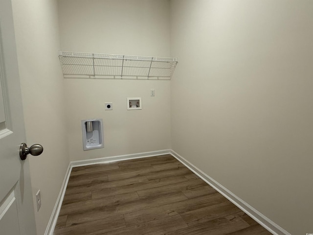 1029 Jase Dr, Longs, SC 29568 - laundry room featuring dark wood finished floors, electric dryer hookup, washer hookup, and baseboards