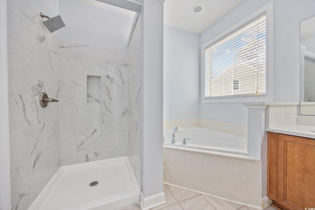 854 Falkirk St, Myrtle Beach, SC 29579 - full bathroom featuring vanity, a marble finish shower, a bath, and tile patterned floors