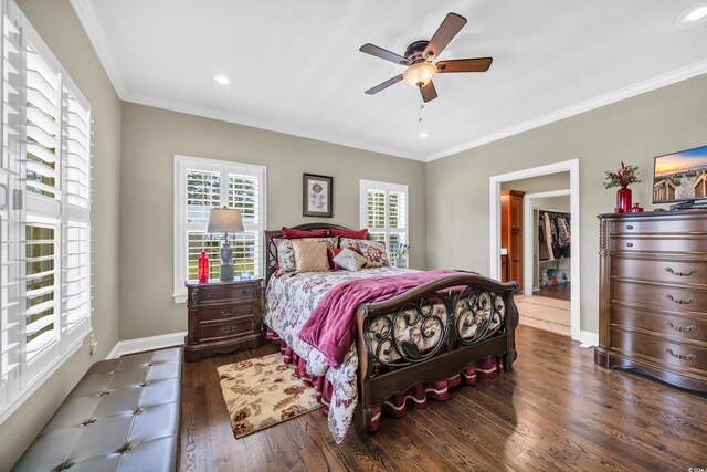 bedroom with wood finished floors, baseboards, ornamental molding, ceiling fan, and recessed lighting
