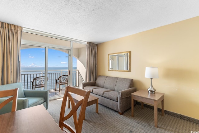 2000 Ocean Blvd N Unit Ph12, Myrtle Beach, SC 29577 - carpeted living area with a water view, floor to ceiling windows, baseboards, and a textured ceiling