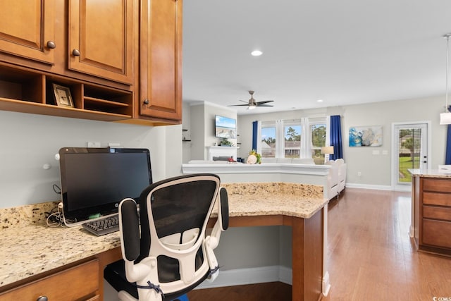 1035 Brentford Pl, Myrtle Beach, SC 29579 - home office with a ceiling fan, wood finished floors, baseboards, recessed lighting, and built in desk