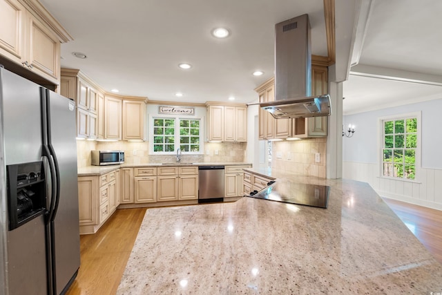 54 River Birch Ln, Pawleys Island, SC 29585 - kitchen featuring stainless steel appliances, island range hood, plenty of natural light, a wainscoted wall, and light wood-style flooring
