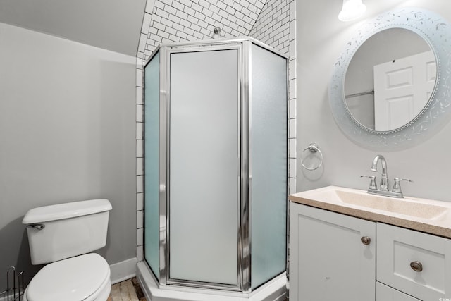 54 River Birch Ln, Pawleys Island, SC 29585 - bathroom with a shower stall, toilet, and vanity