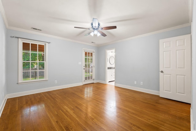 54 River Birch Ln, Pawleys Island, SC 29585 - unfurnished room featuring a ceiling fan, baseboards, wood finished floors, and crown molding