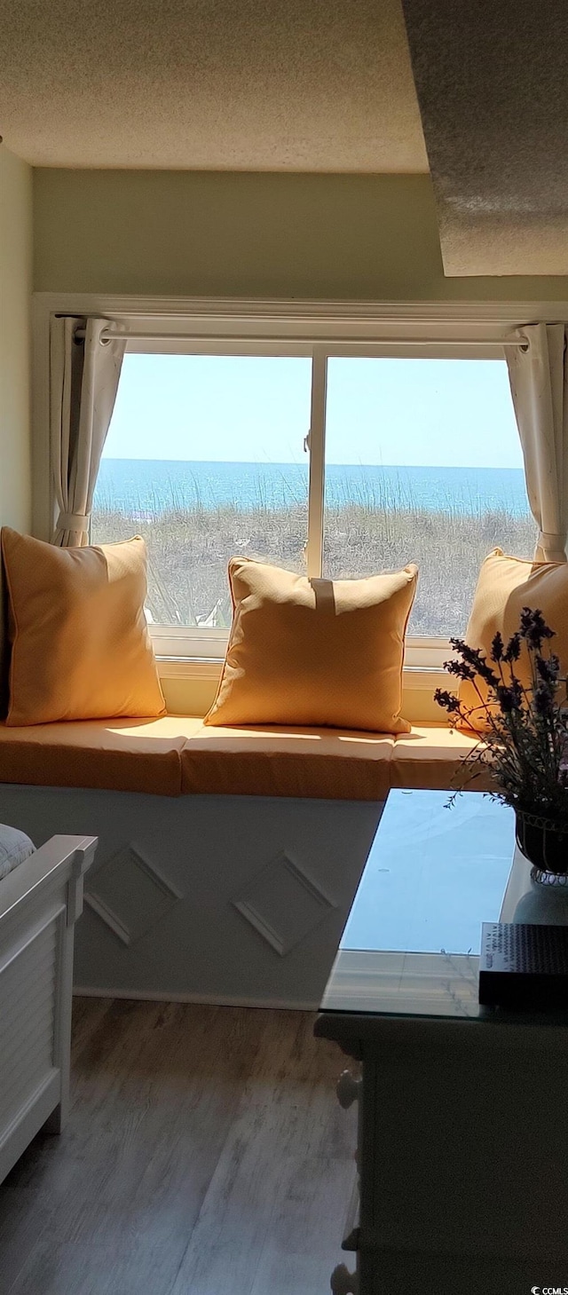 detailed view of wood finished floors and a water view