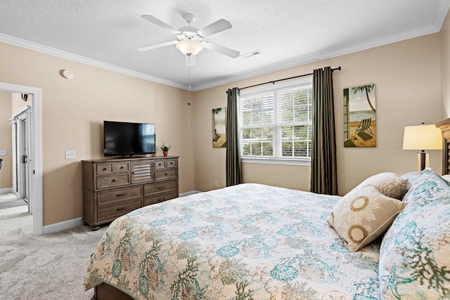 4355 Willoughby Ln Unit 401, Myrtle Beach, SC 29577 - bedroom featuring light carpet, crown molding, a textured ceiling, ceiling fan, and baseboards