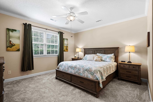 4355 Willoughby Ln Unit 401, Myrtle Beach, SC 29577 - bedroom featuring light carpet, ornamental molding, baseboards, a textured ceiling, and ceiling fan