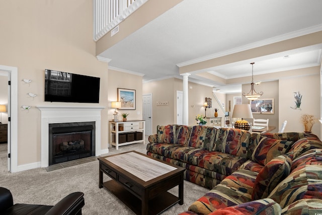 4355 Willoughby Ln Unit 401, Myrtle Beach, SC 29577 - carpeted living room with ornamental molding, a fireplace with flush hearth, baseboards, and a raised ceiling
