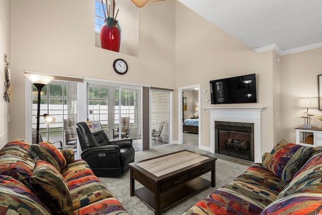 4355 Willoughby Ln Unit 401, Myrtle Beach, SC 29577 - living room featuring light colored carpet, a fireplace with flush hearth, a towering ceiling, baseboards, and ornamental molding
