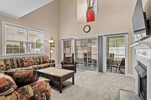 4355 Willoughby Ln Unit 401, Myrtle Beach, SC 29577 - carpeted living area featuring a fireplace with flush hearth, high vaulted ceiling, healthy amount of natural light, and baseboards