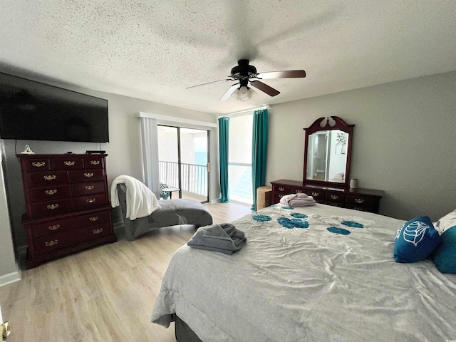 9500 Shore Dr Unit 17B, Myrtle Beach, SC 29572 - bedroom with light wood-style flooring, access to exterior, a textured ceiling, and ceiling fan