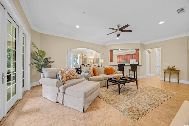 8546 San Marcello Dr Unit 1-102, Myrtle Beach, SC 29579 - living area with arched walkways, ornate columns, ceiling fan, ornamental molding, and recessed lighting