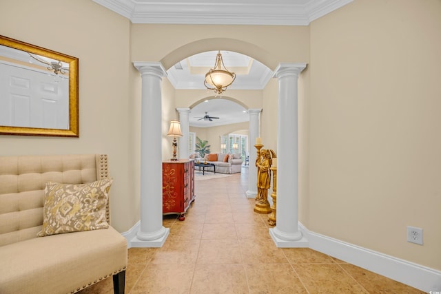 8546 San Marcello Dr Unit 1-102, Myrtle Beach, SC 29579 - hallway featuring decorative columns, ornamental molding, light tile patterned flooring, baseboards, and arched walkways