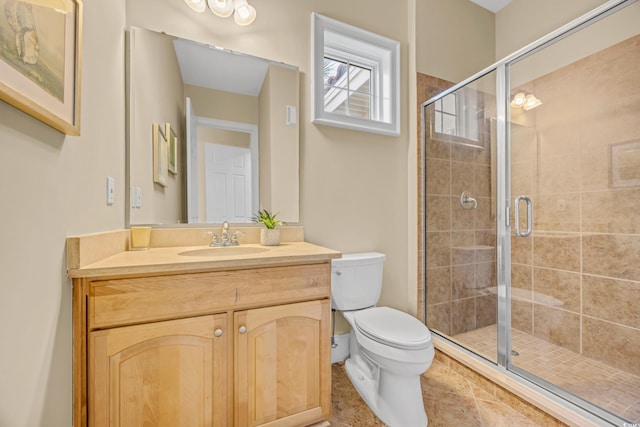 8546 San Marcello Dr Unit 1-102, Myrtle Beach, SC 29579 - bathroom featuring a shower stall, toilet, vanity, and tile patterned flooring