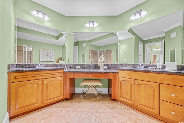 8546 San Marcello Dr Unit 1-102, Myrtle Beach, SC 29579 - bathroom with a shower stall, ornamental molding, vanity, and tile patterned floors