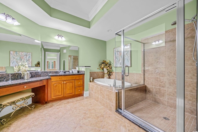 8546 San Marcello Dr Unit 1-102, Myrtle Beach, SC 29579 - bathroom featuring ornamental molding, a shower stall, a garden tub, vanity, and tile patterned floors