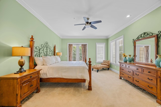 8546 San Marcello Dr Unit 1-102, Myrtle Beach, SC 29579 - bedroom with ornamental molding, light carpet, baseboards, ceiling fan, and recessed lighting