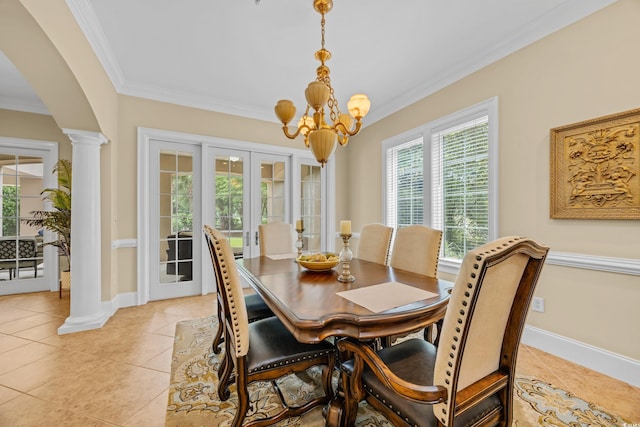 8546 San Marcello Dr Unit 1-102, Myrtle Beach, SC 29579 - dining room with ornate columns, light tile patterned floors, a chandelier, ornamental molding, and arched walkways