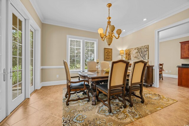 8546 San Marcello Dr Unit 1-102, Myrtle Beach, SC 29579 - dining room with a chandelier, light tile patterned floors, crown molding, baseboards, and recessed lighting