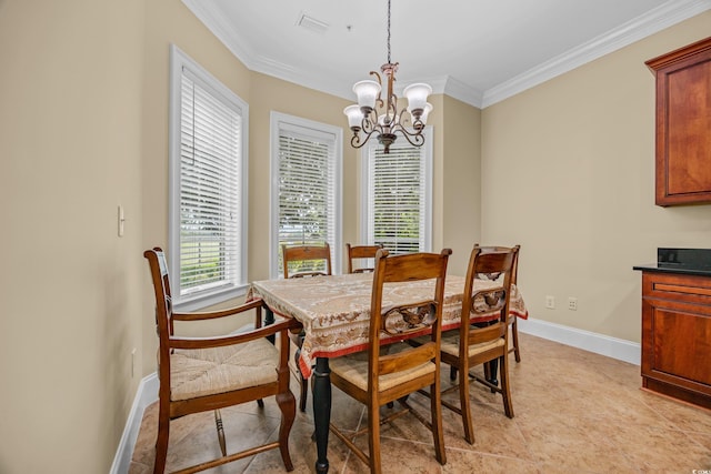 8546 San Marcello Dr Unit 1-102, Myrtle Beach, SC 29579 - dining area with a chandelier, baseboards, crown molding, and light tile patterned floors
