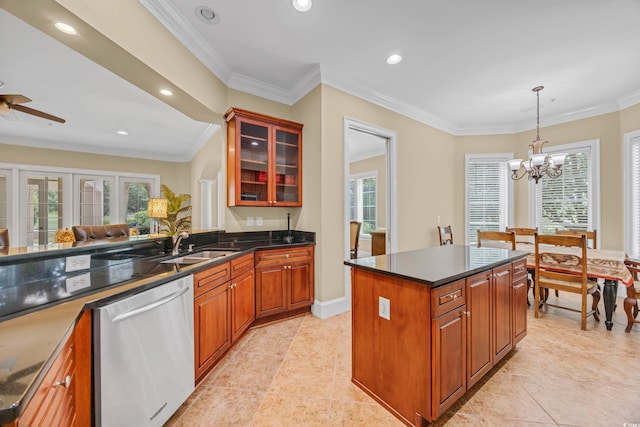 8546 San Marcello Dr Unit 1-102, Myrtle Beach, SC 29579 - kitchen featuring stainless steel dishwasher, a sink, glass insert cabinets, light tile patterned flooring, and ornamental molding