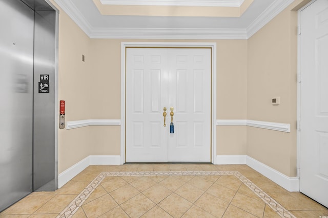 8546 San Marcello Dr Unit 1-102, Myrtle Beach, SC 29579 - entryway featuring elevator, baseboards, ornamental molding, inlaid floor details, and light tile patterned flooring