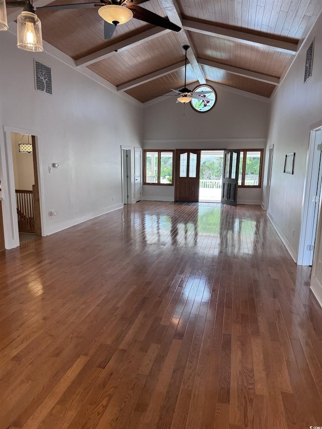 unfurnished living room featuring ceiling fan, high vaulted ceiling, wood-type flooring, wood ceiling, and beam ceiling