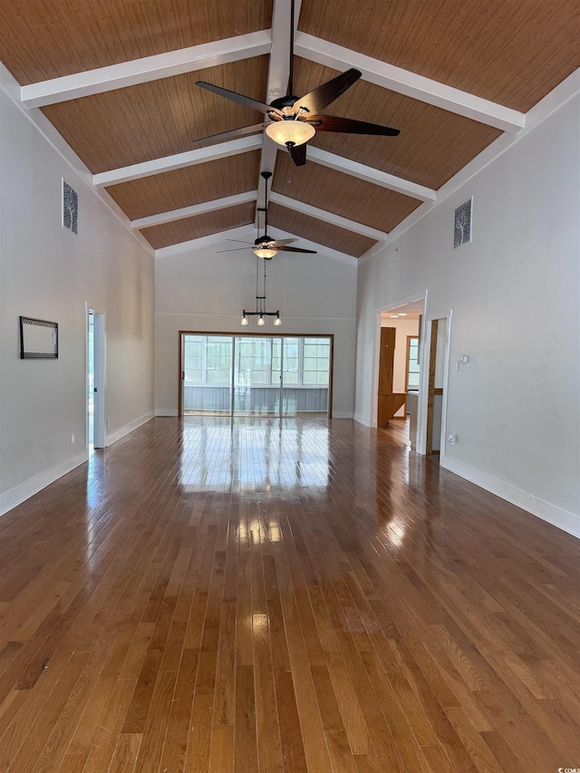 unfurnished living room with ceiling fan, wood-type flooring, baseboards, beam ceiling, and high vaulted ceiling