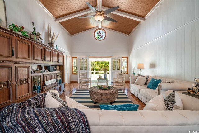 living room with wood finished floors, wooden ceiling, ceiling fan, high vaulted ceiling, and beamed ceiling