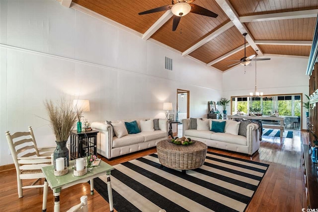 living room with a ceiling fan, wood ceiling, high vaulted ceiling, hardwood / wood-style flooring, and beamed ceiling